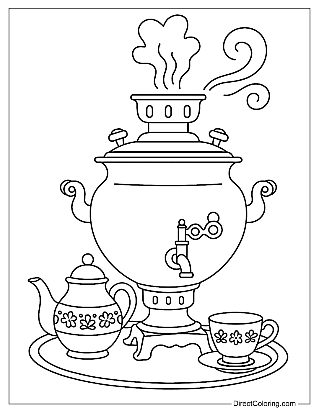 Coloring page of a large samovar and a set of Russian teacups on a tray, with light smoke rising.